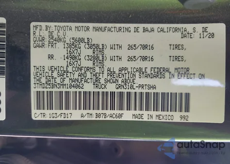 2021 Toyota Tacoma Trd Off-Road z USA, uszkodzony, nr VIN 3TMDZ5BN3MM104062